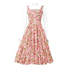 Vintage 1950's Ceil Chapman Pink Carnations Floral Print Cotton Full-Skirt Dress