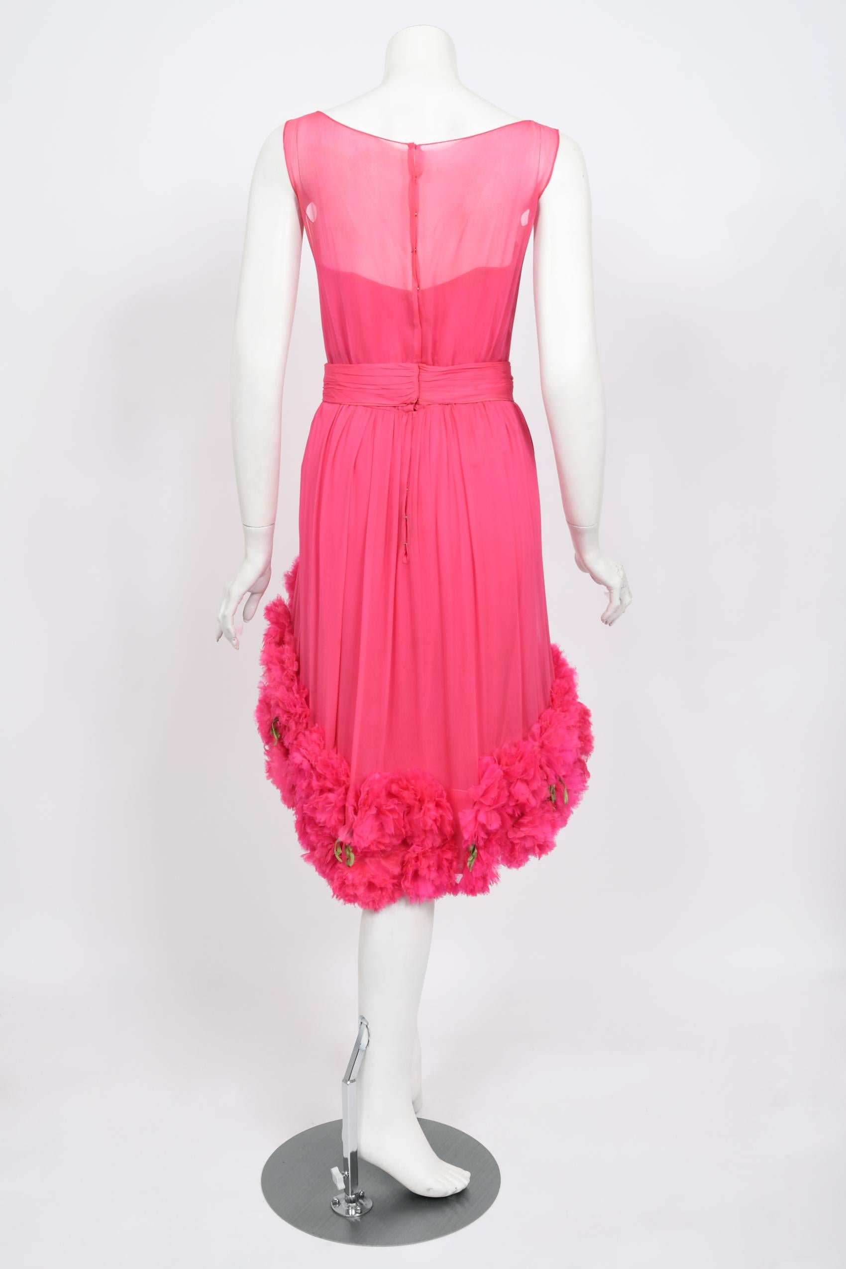 Vintage 1950's Ceil Chapman Pink Silk Chiffon Floral Appliqué Cocktail Dress  For Sale 8