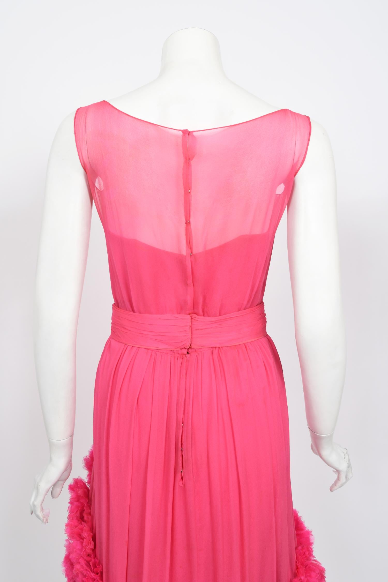 Vintage 1950's Ceil Chapman Pink Silk Chiffon Floral Appliqué Cocktail Dress  For Sale 9