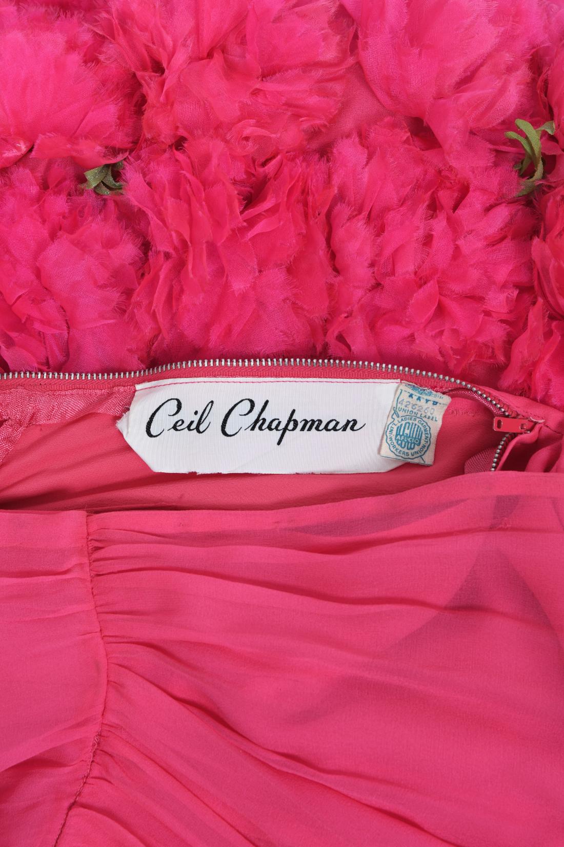 Vintage 1950's Ceil Chapman Pink Silk Chiffon Floral Appliqué Cocktail Dress  en vente 11