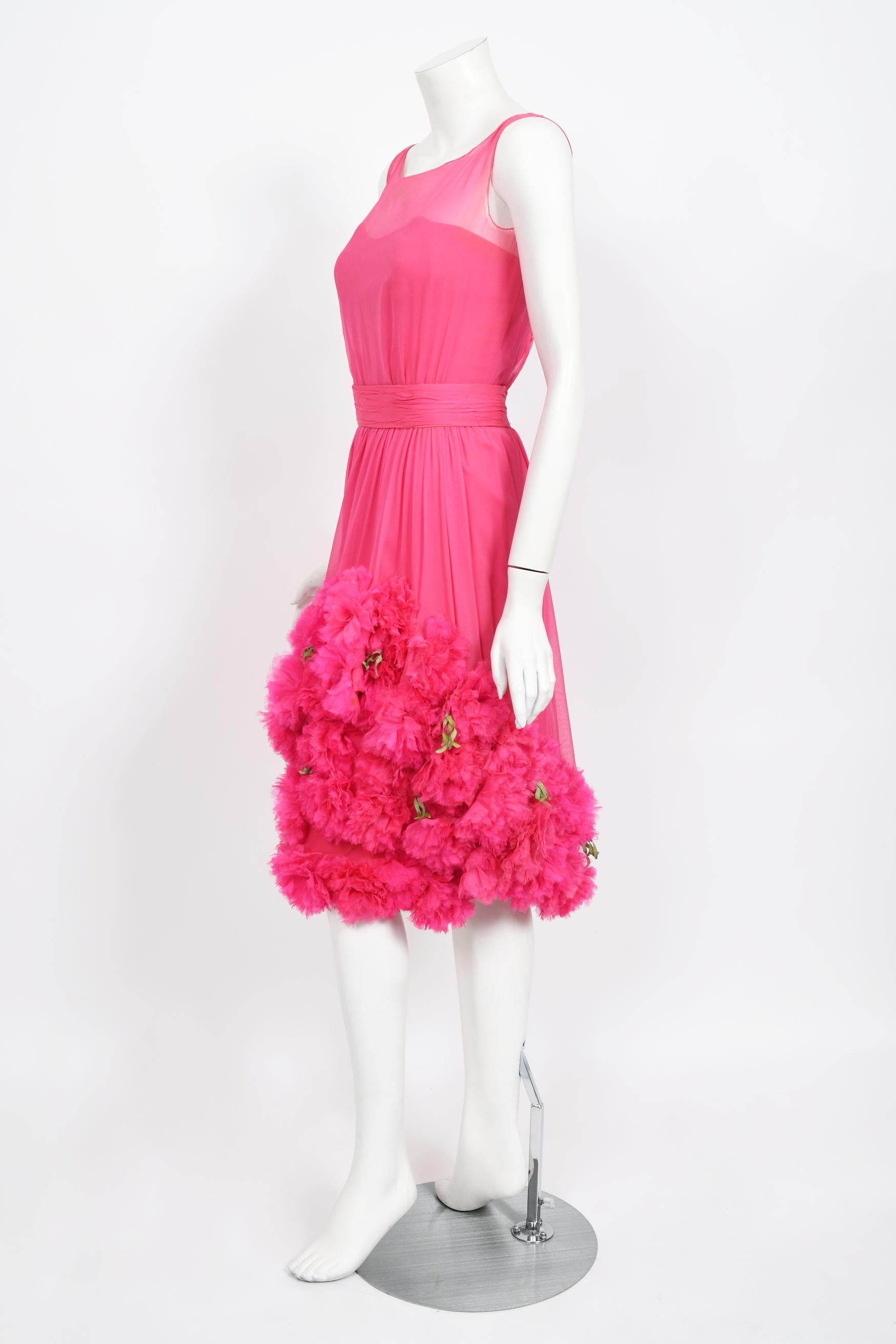 Women's Vintage 1950's Ceil Chapman Pink Silk Chiffon Floral Appliqué Cocktail Dress  For Sale