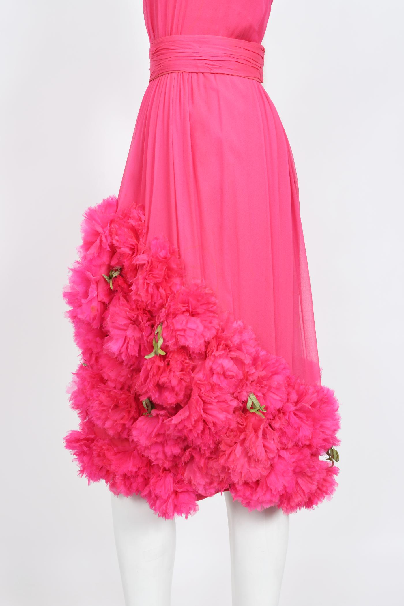 Vintage 1950's Ceil Chapman Pink Silk Chiffon Floral Appliqué Cocktail Dress  For Sale 1