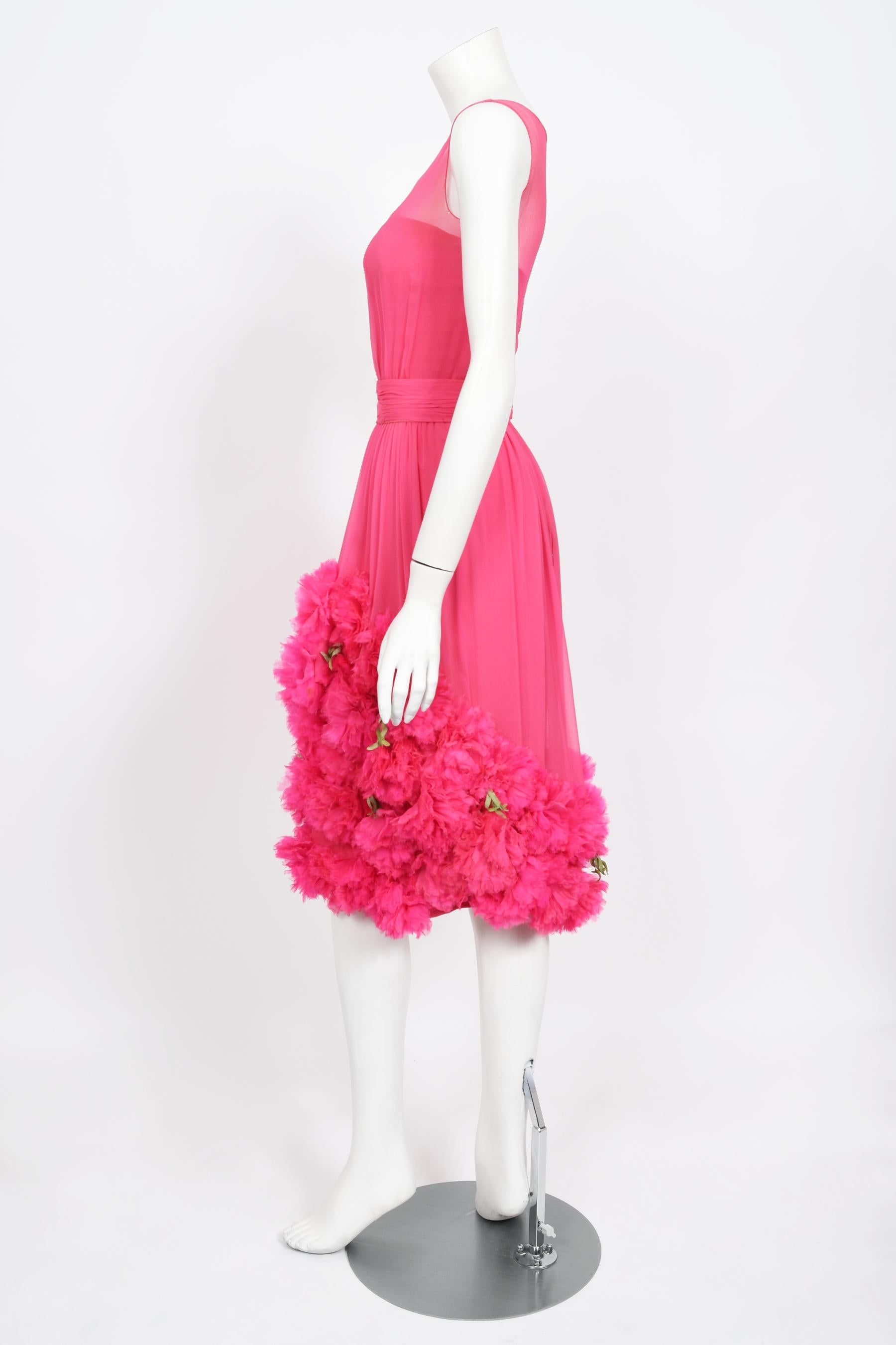 Vintage 1950's Ceil Chapman Pink Silk Chiffon Floral Appliqué Cocktail Dress  For Sale 3