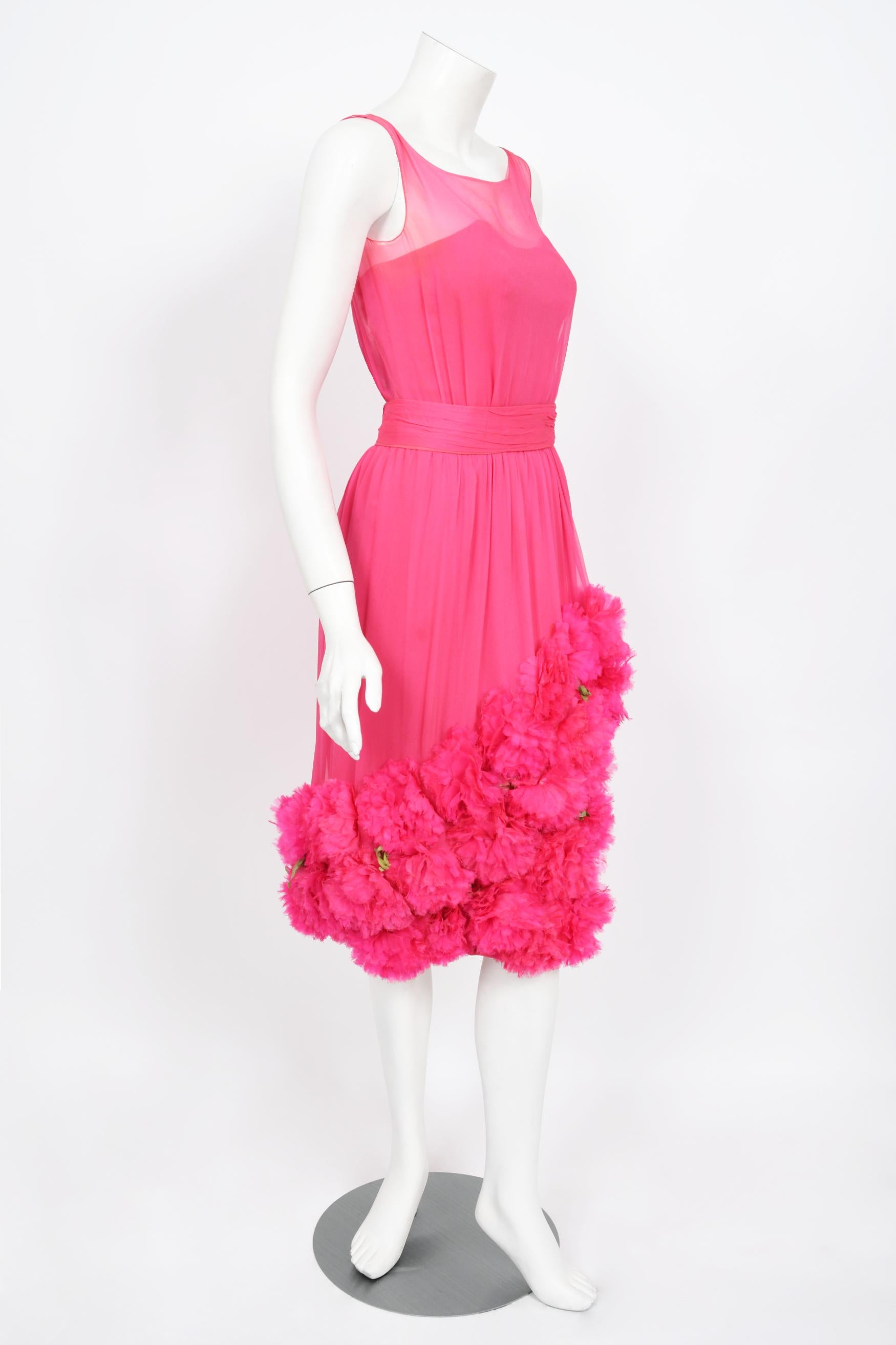 Vintage 1950's Ceil Chapman Pink Silk Chiffon Floral Appliqué Cocktail Dress  For Sale 5