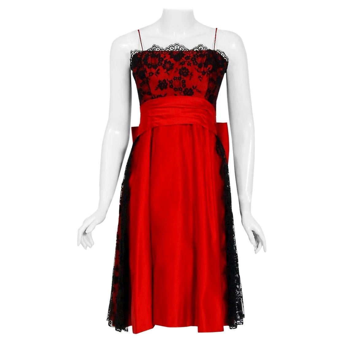 Vintage 1950's Ceil Chapman Red Satin & Black Scalloped Lace Back-Bow Full Dress