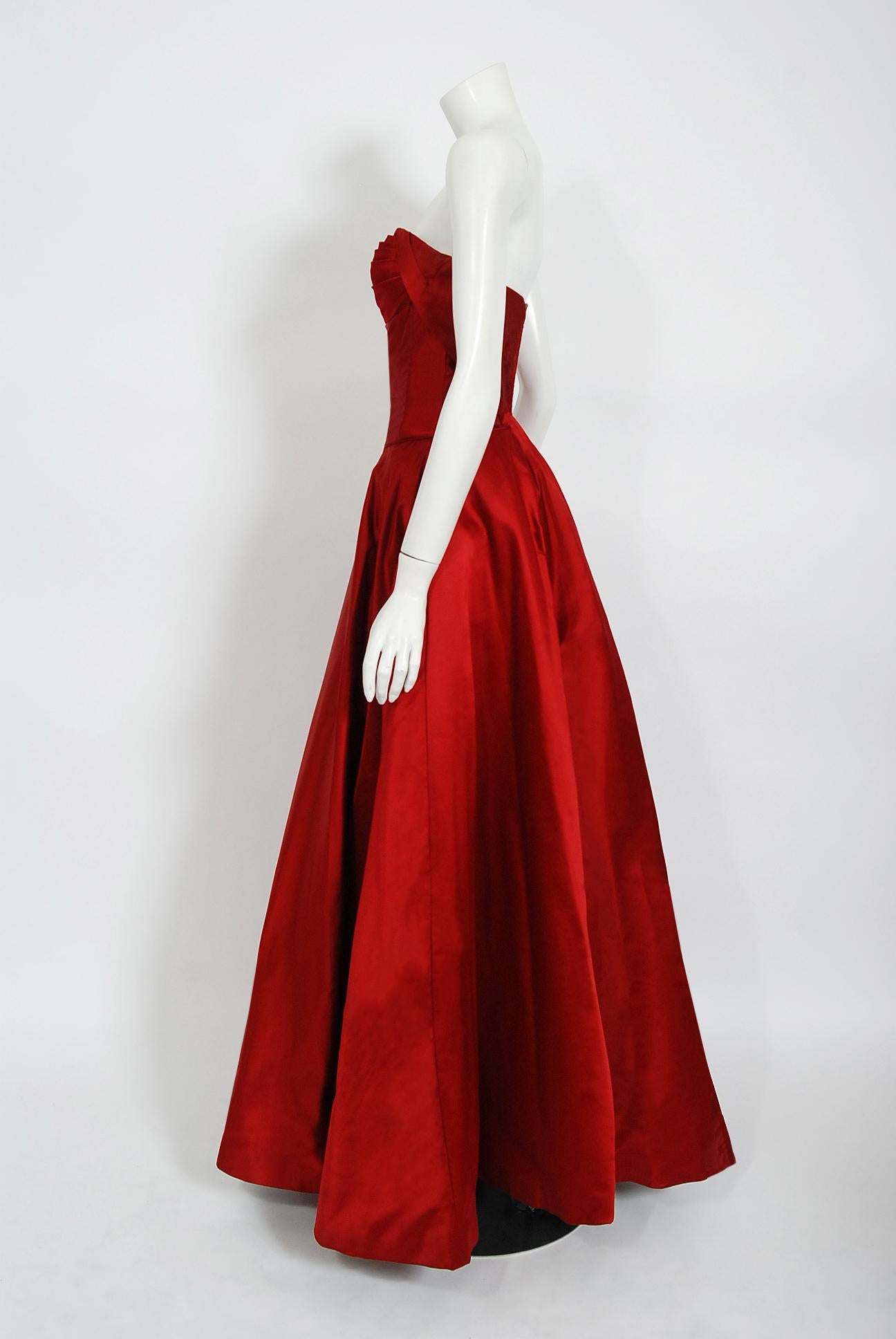 Vintage 1950's Ceil Chapman Ruby-Red Satin Sculpted Strapless Full Skirt Gown In Good Condition In Beverly Hills, CA