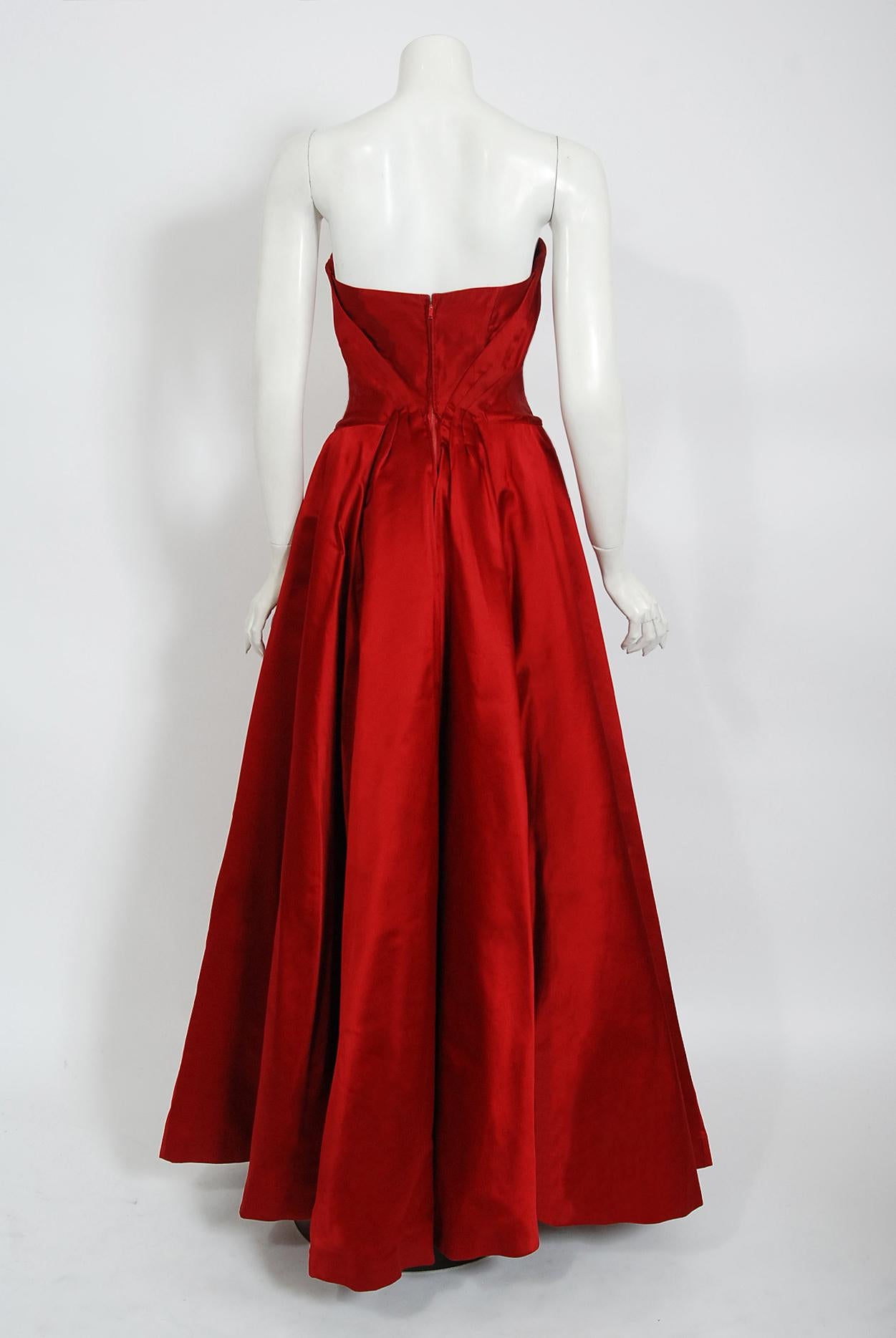 Women's or Men's Vintage 1950's Ceil Chapman Ruby-Red Satin Sculpted Strapless Full Skirt Gown