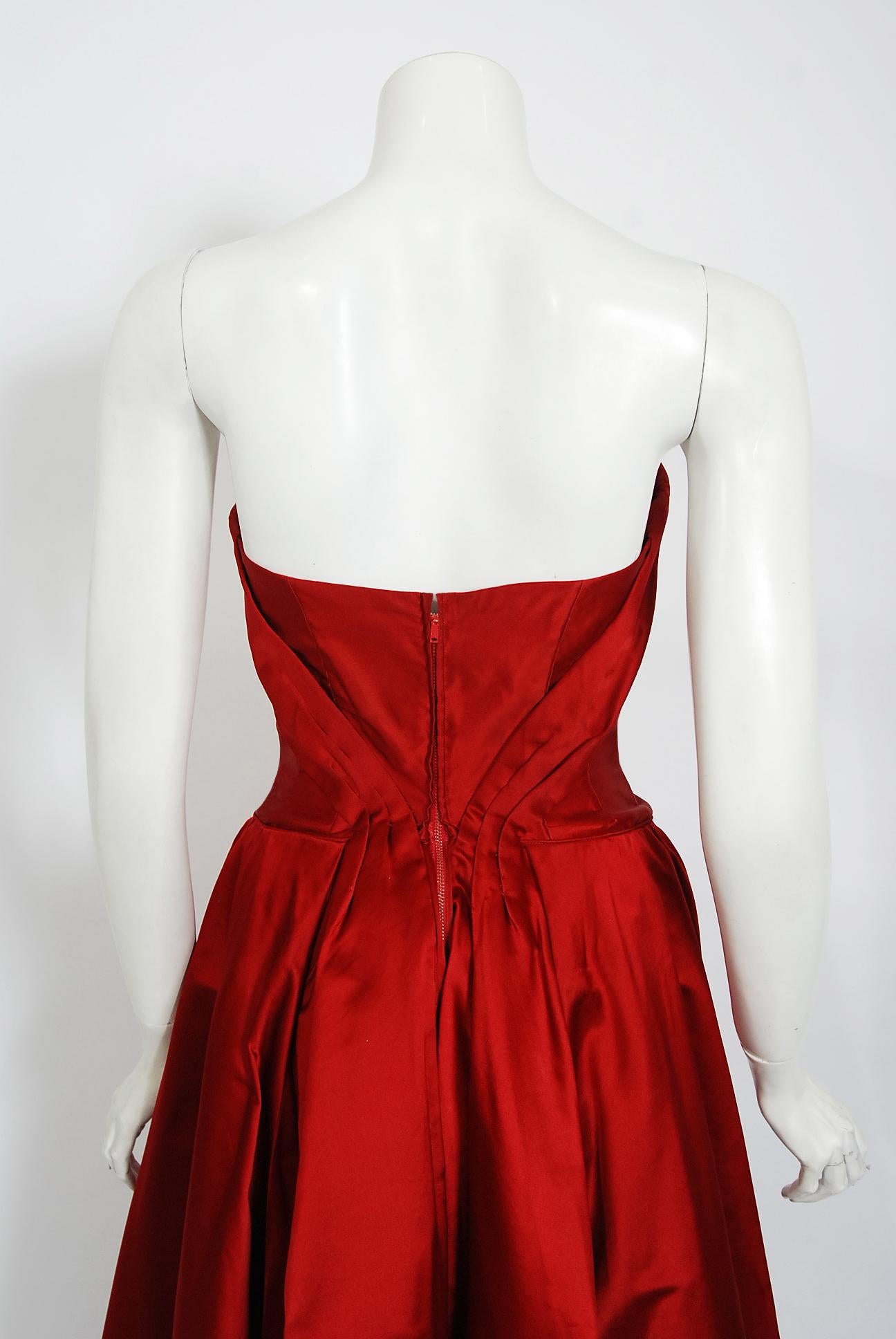 Vintage 1950's Ceil Chapman Ruby-Red Satin Sculpted Strapless Full Skirt Gown 1