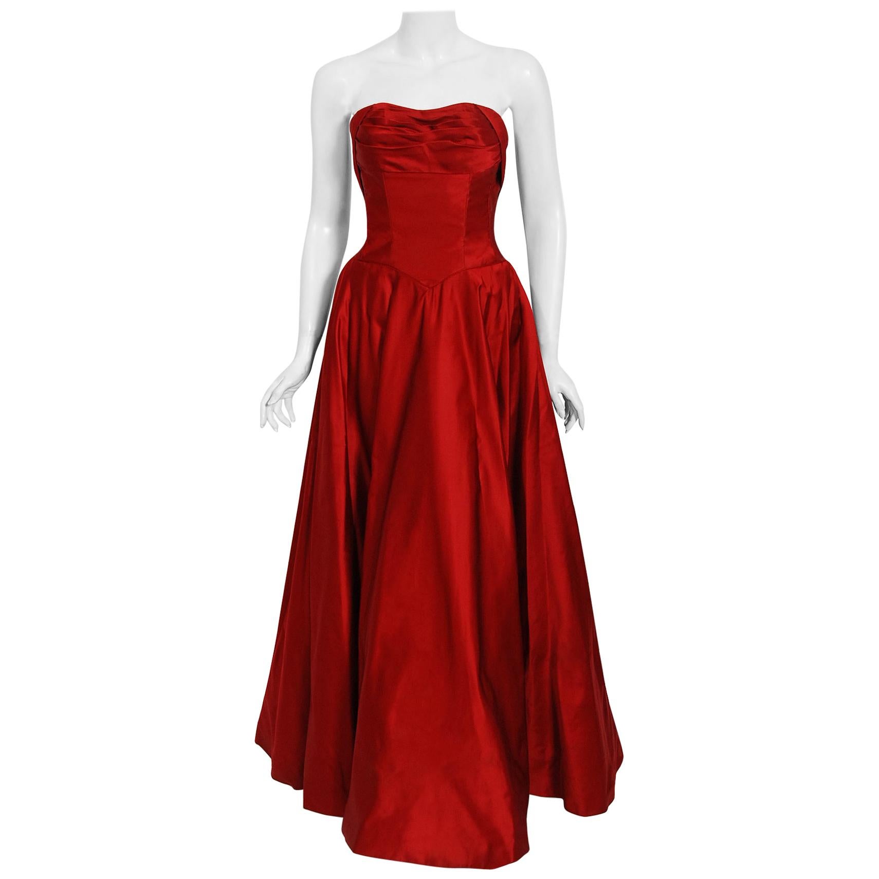 Late 1940s, Early 1950s Strapless Red Silk Satin Full Skirt Dress w  Rhinestone Detailing