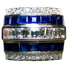 Anello da cocktail in platino con diamante baguette e zaffiro, vintage 1950, 4,80 ct.