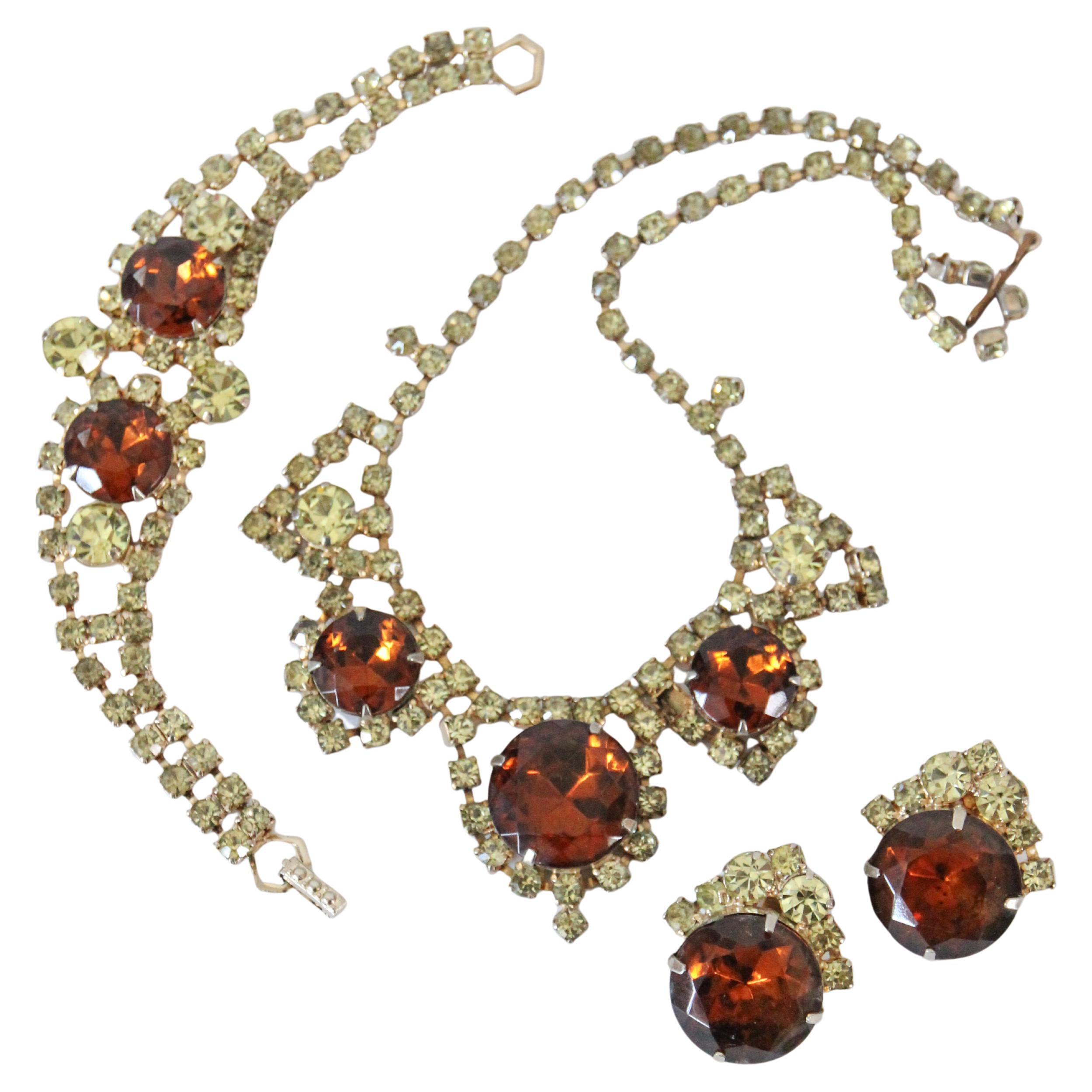 Vintage 1950
s Chartreuse Green and Bronze Rhinestone Jewellery Set