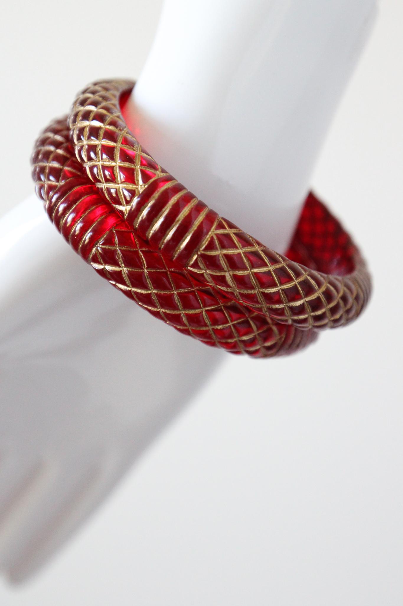 Vintage 1950's Cherry Lucite Bangles 1950's Carved Lucite Bangles Gold Painted For Sale 2