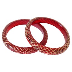 Vintage 1950's Cherry Lucite Bangles 1950's Carved Lucite Bangles Gold Painted
