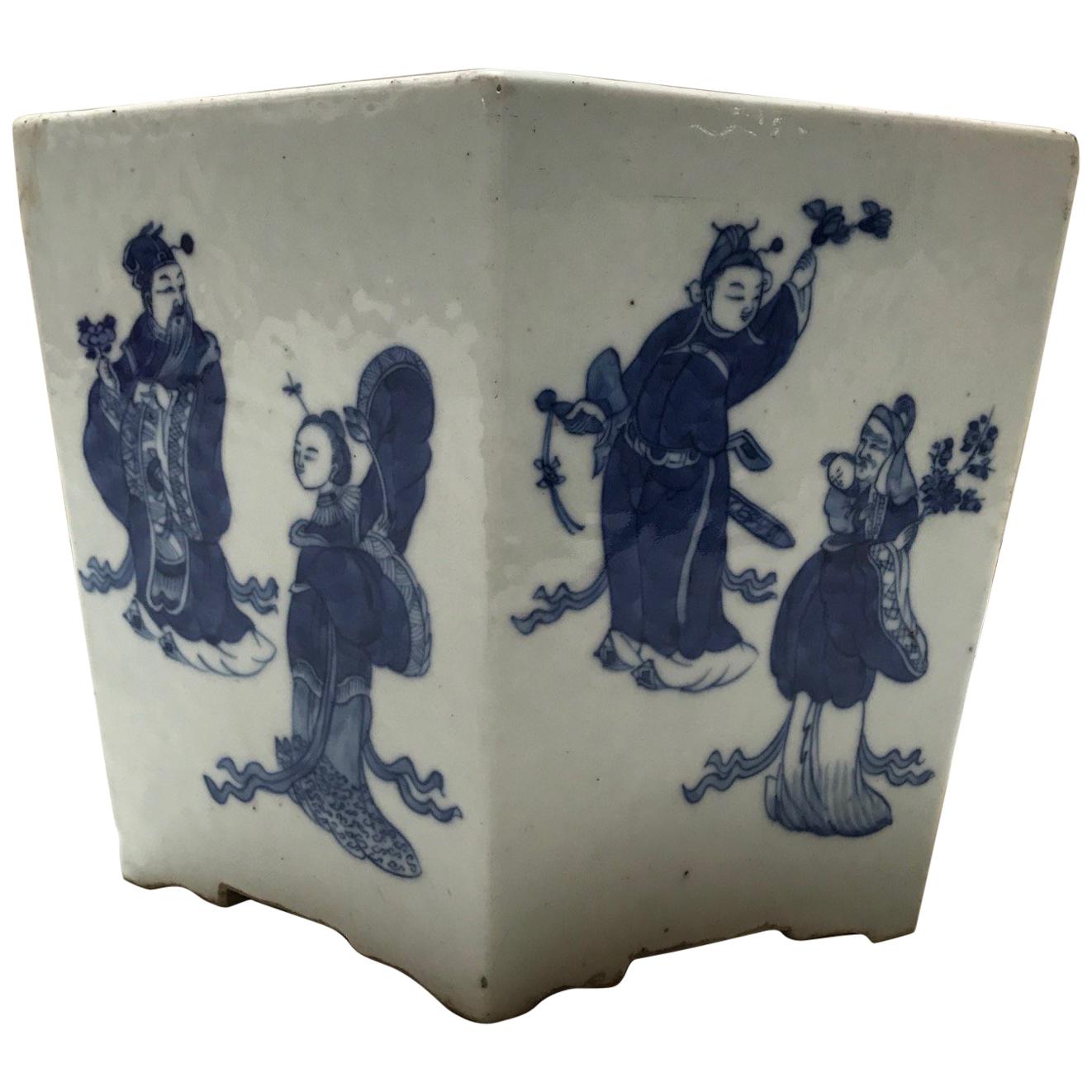 Chinesischer blauer und weißer Hex-Pot aus den 1950er Jahren im Angebot
