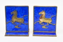 Vintage 1950's Chinese Gold Plated Brass and Blue Enamel Horse Bookends