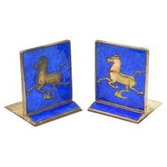 Vintage 1950's Chinese Gold Plated Brass and Blue Enamel Horse Bookends
