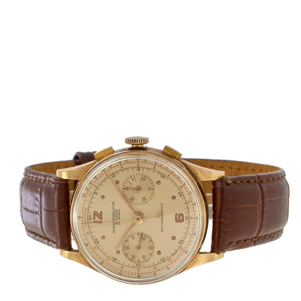 Vintage 1950s Chronographe Suisse 37MM 18KT Rose Gold Unisexe en vente