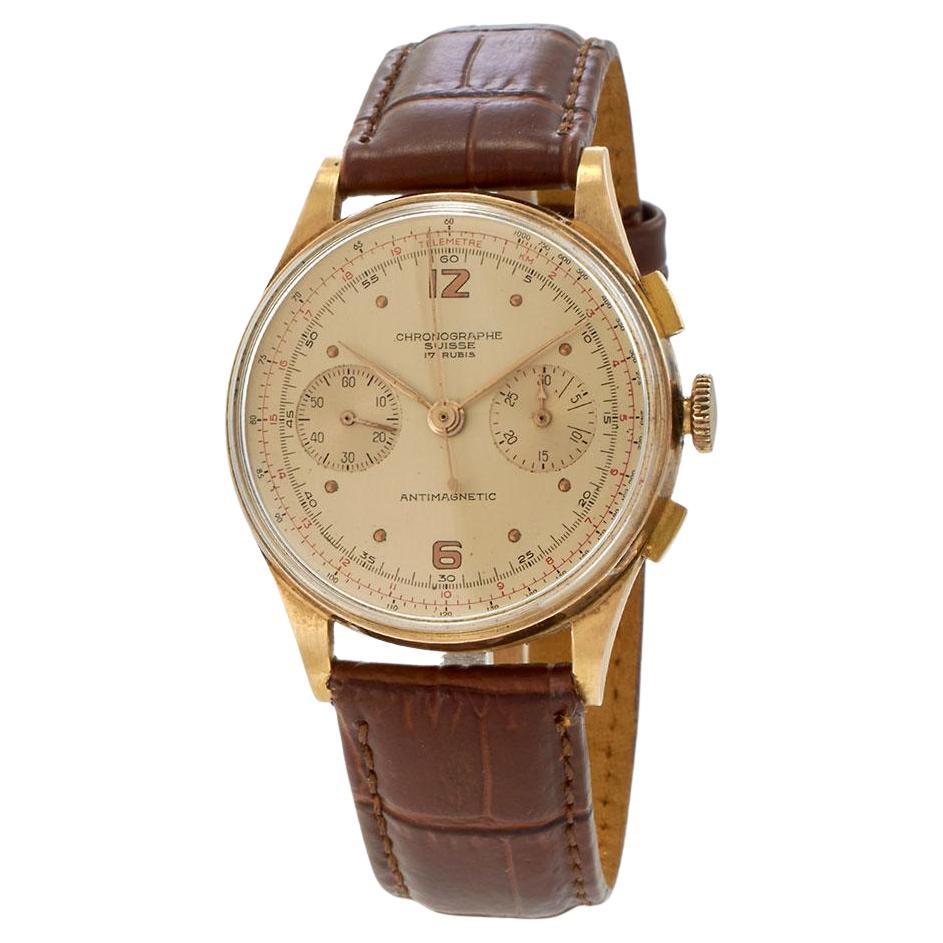 Vintage 1950s Chronographe Suisse 37MM 18KT Rose Gold en vente