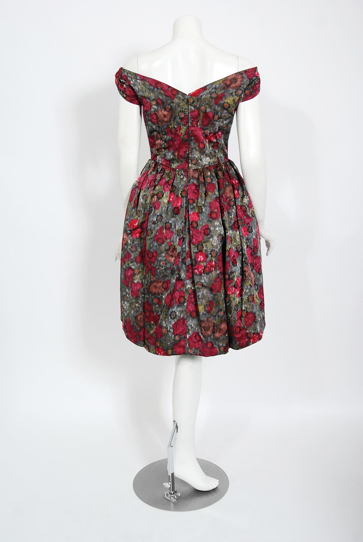 Vintage 1950s Claire Schaffel Couture Floral Print Silk Off-Shoulder Dress For Sale 5