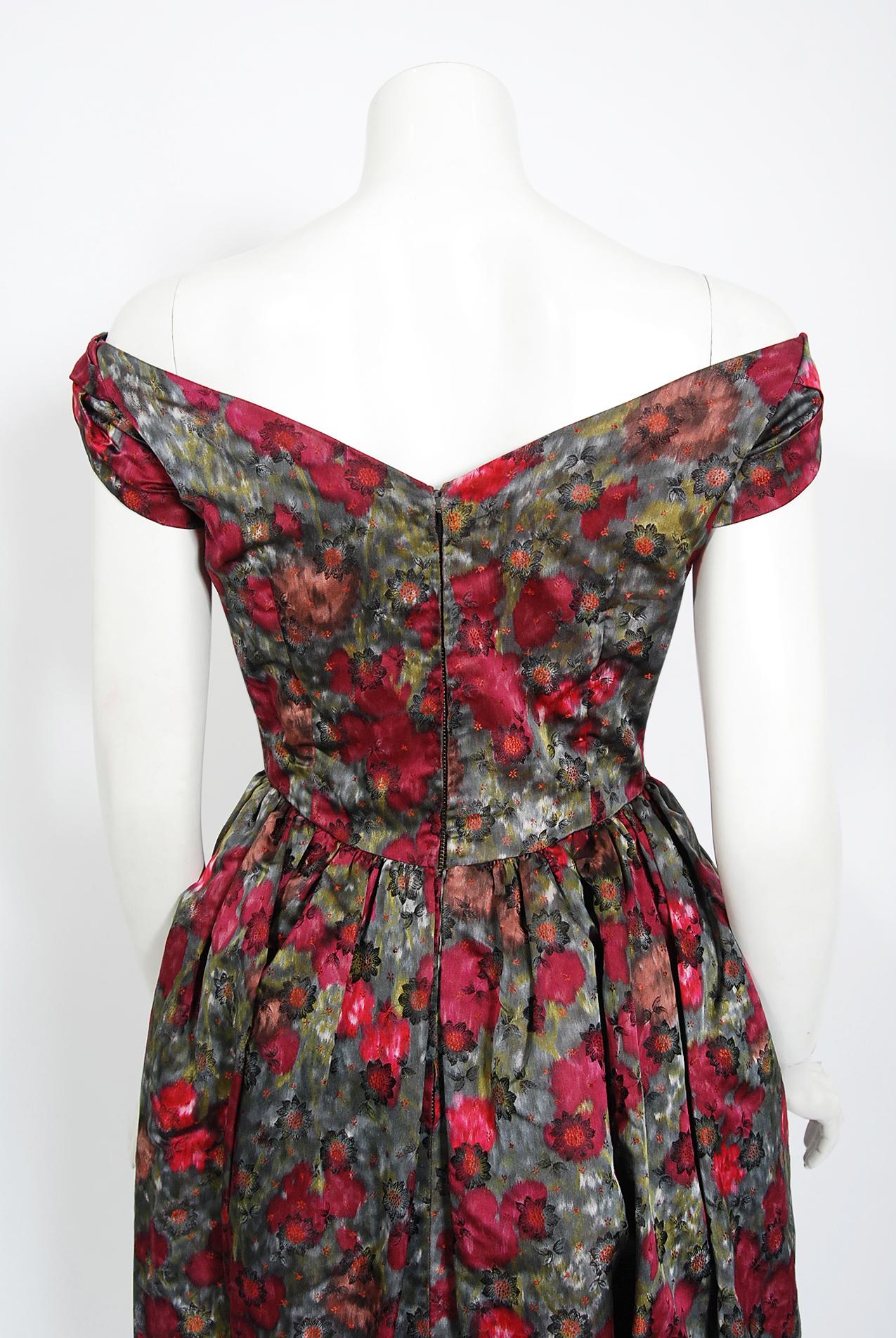 Vintage 1950s Claire Schaffel Couture Floral Print Silk Off-Shoulder Dress For Sale 6