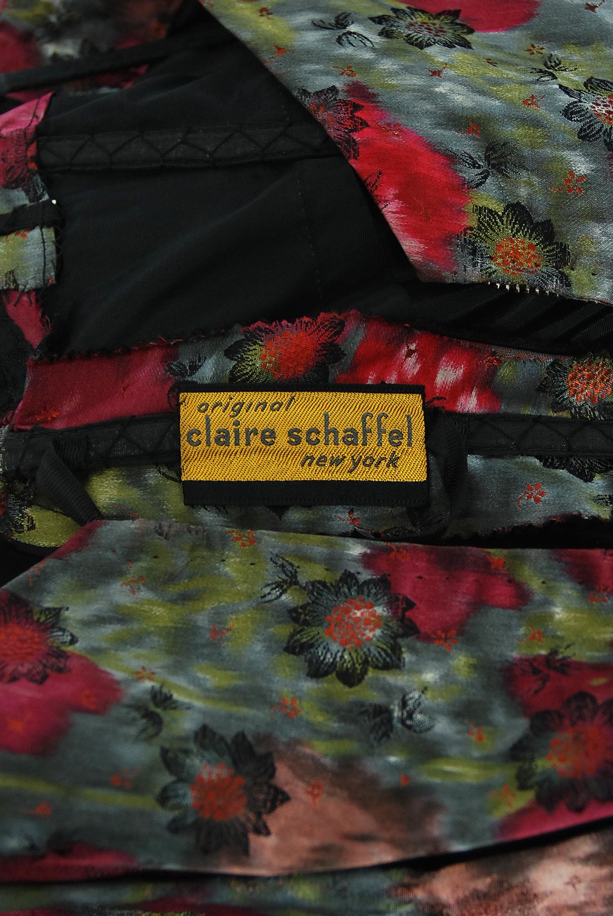 Vintage 1950s Claire Schaffel Couture Floral Print Silk Off-Shoulder Dress For Sale 7