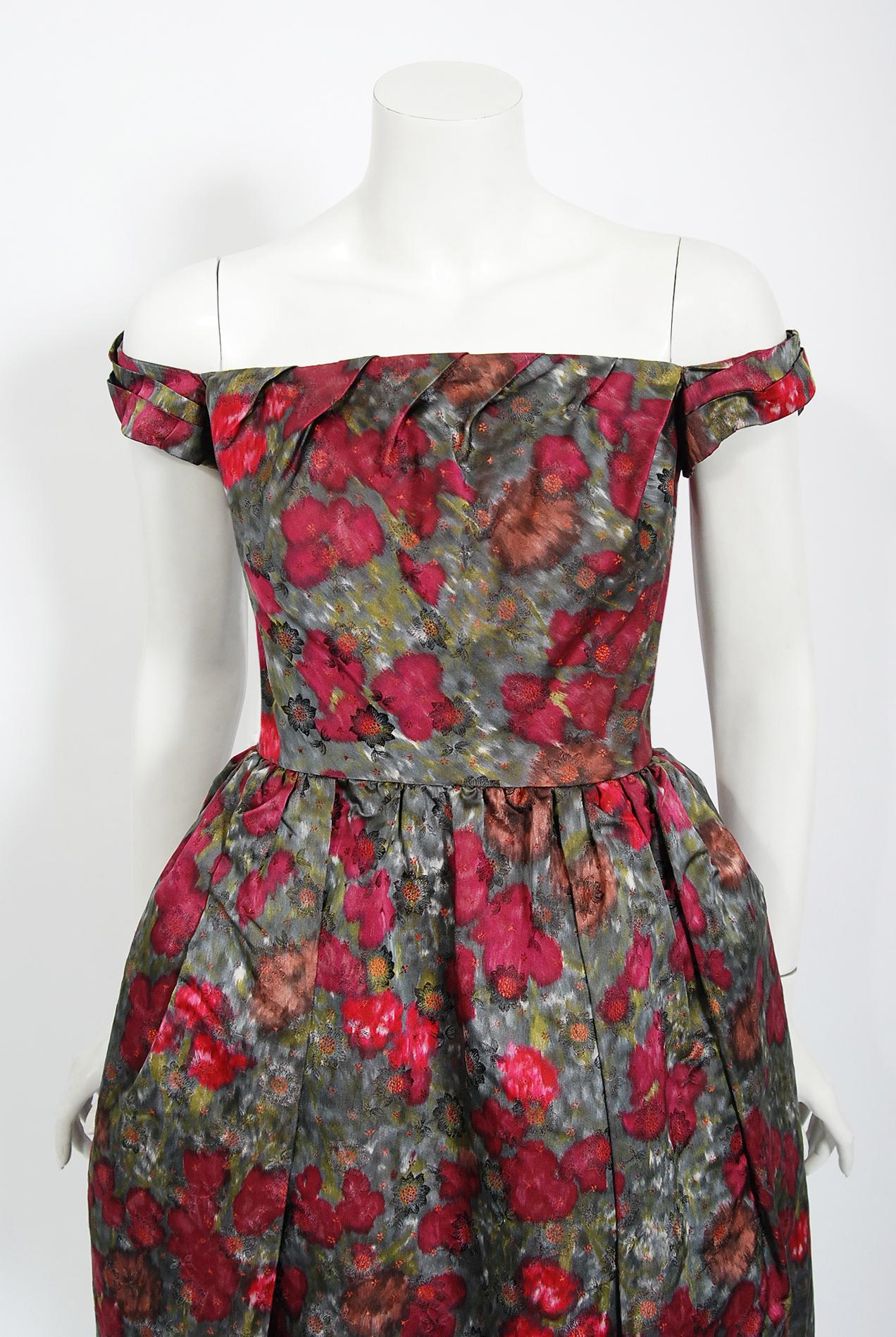 In this gorgeous 1950's Claire Schaffel designer cocktail dress, the detailed construction and meticulous attention to detail are comparable to what you will find in modern couture. Claire Schaffel was a native of Switzerland where she had her own