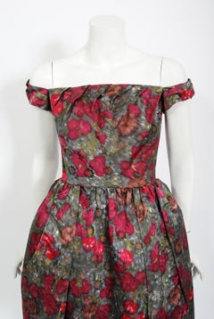 1950's Claire Schaffel Couture Floral Print Silk Off-Shoulder 'New Look' Dress