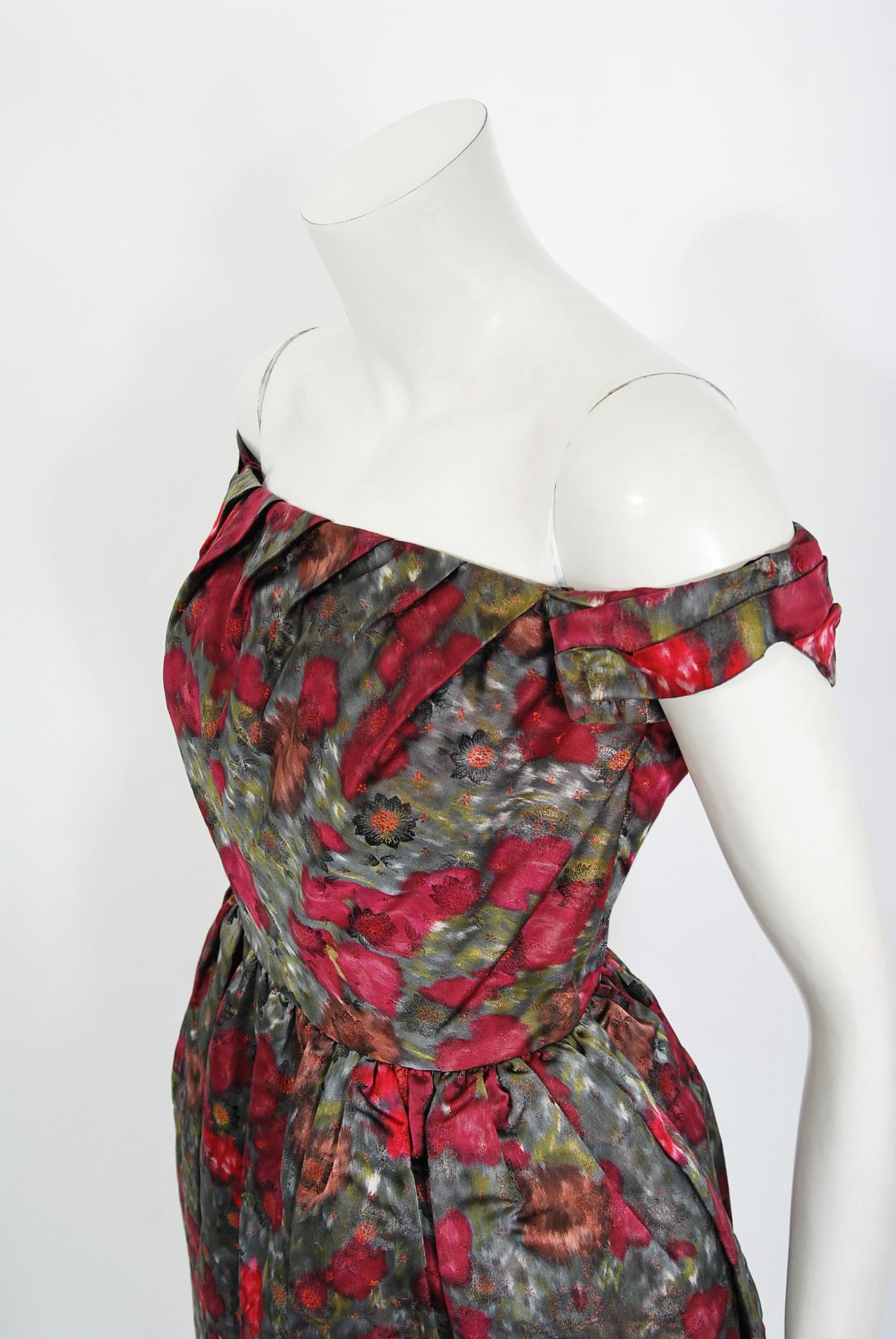 Black Vintage 1950s Claire Schaffel Couture Floral Print Silk Off-Shoulder Dress For Sale