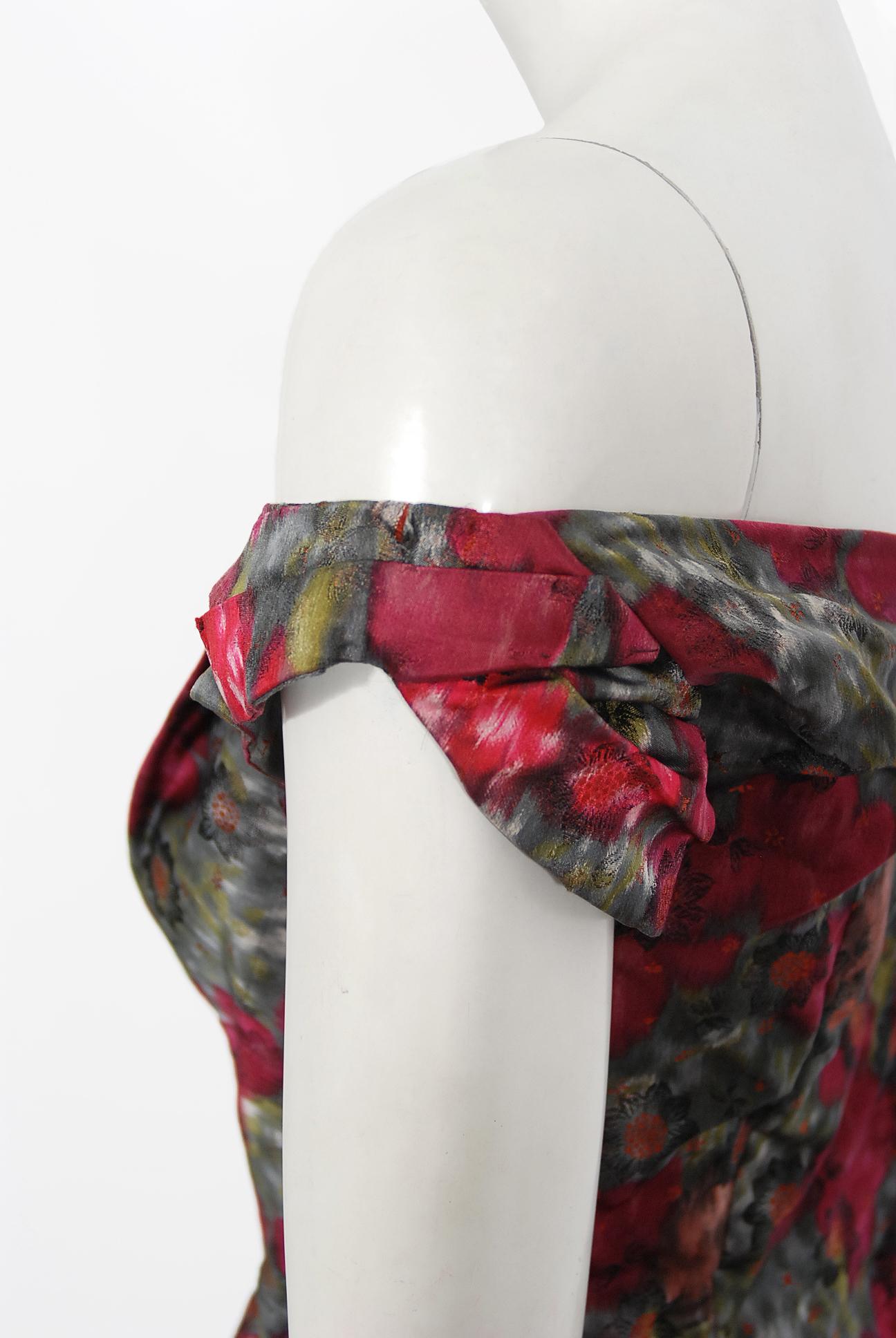 Women's Vintage 1950s Claire Schaffel Couture Floral Print Silk Off-Shoulder Dress For Sale