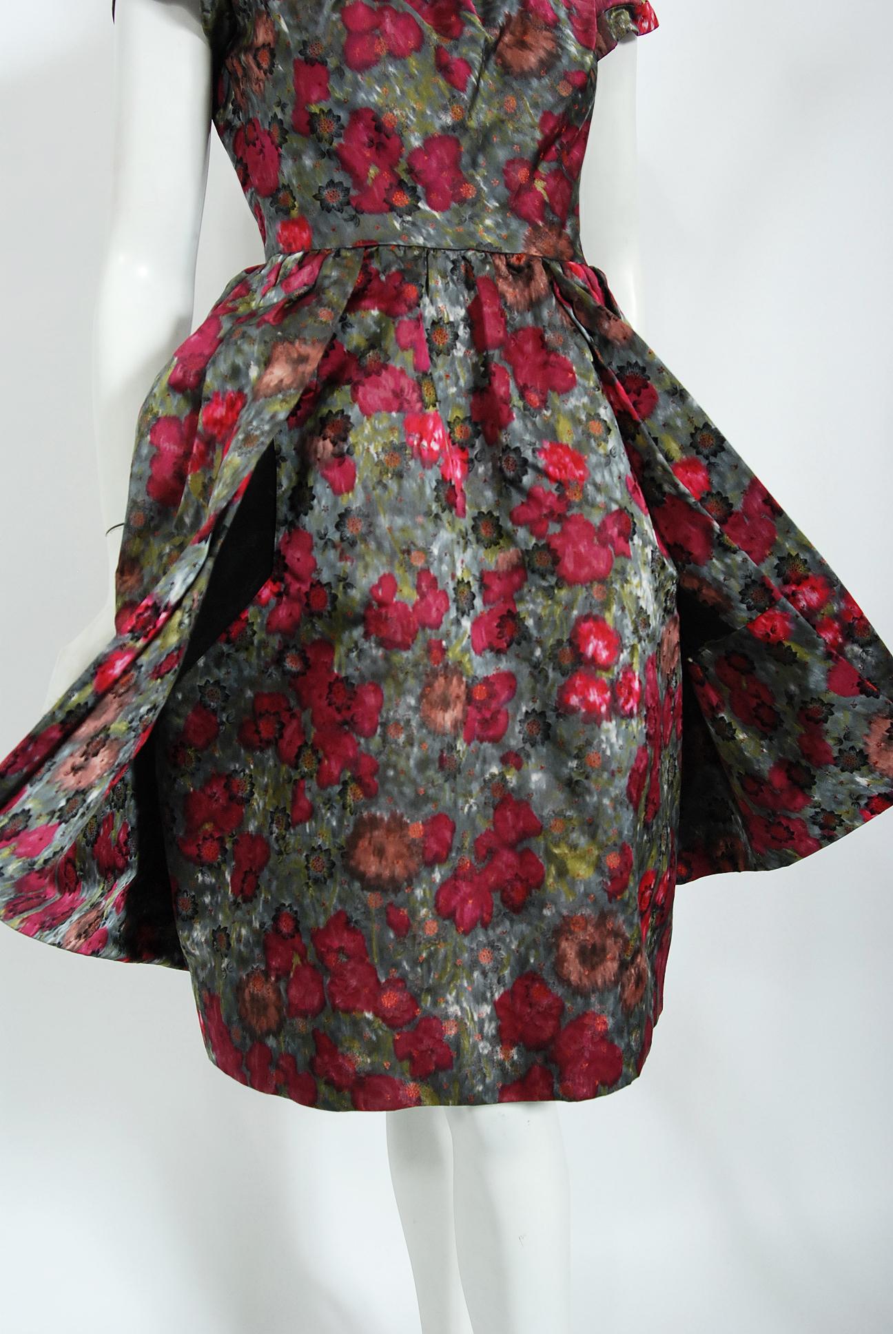 Vintage 1950s Claire Schaffel Couture Floral Print Silk Off-Shoulder Dress For Sale 1