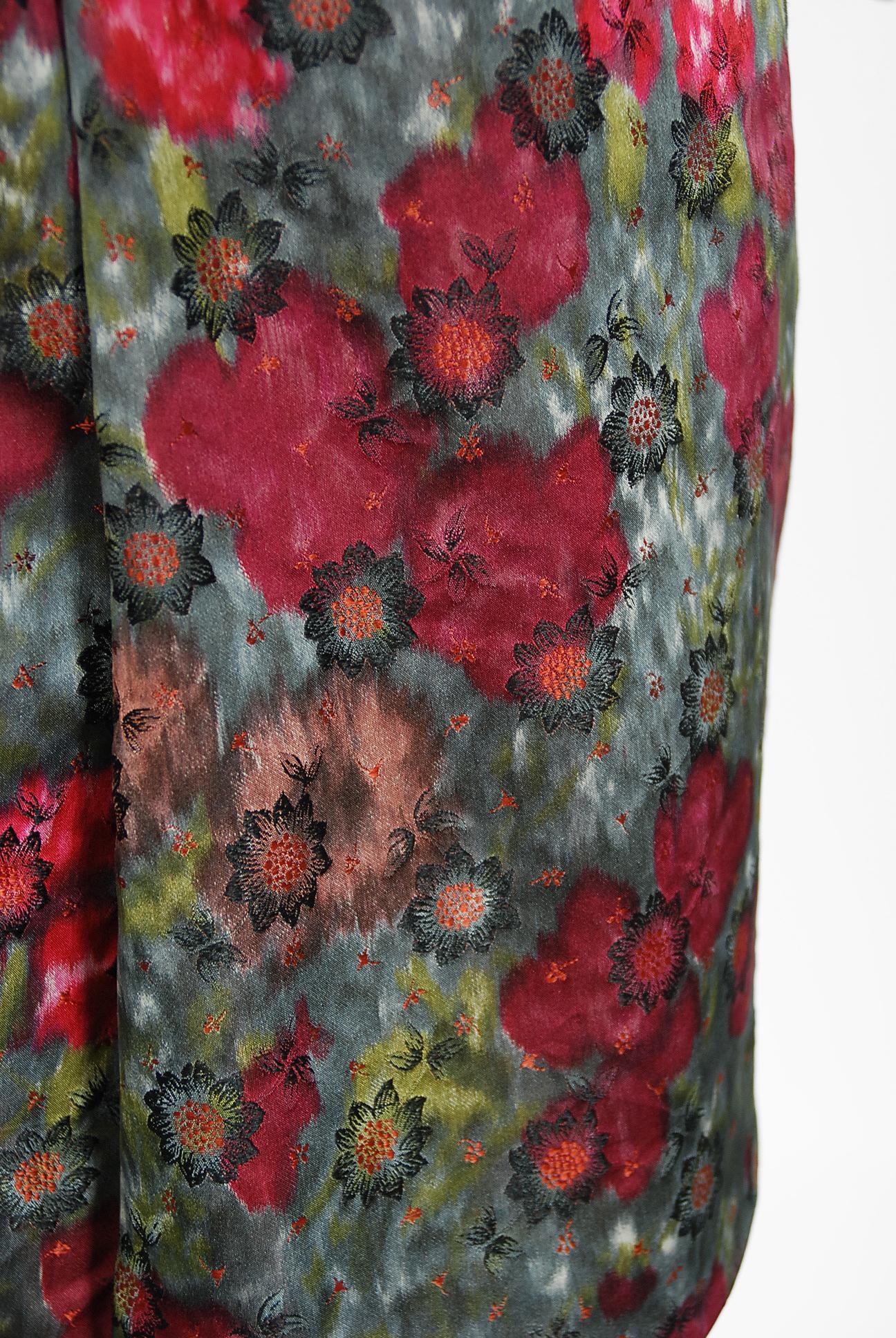 Vintage 1950s Claire Schaffel Couture Floral Print Silk Off-Shoulder Dress For Sale 3