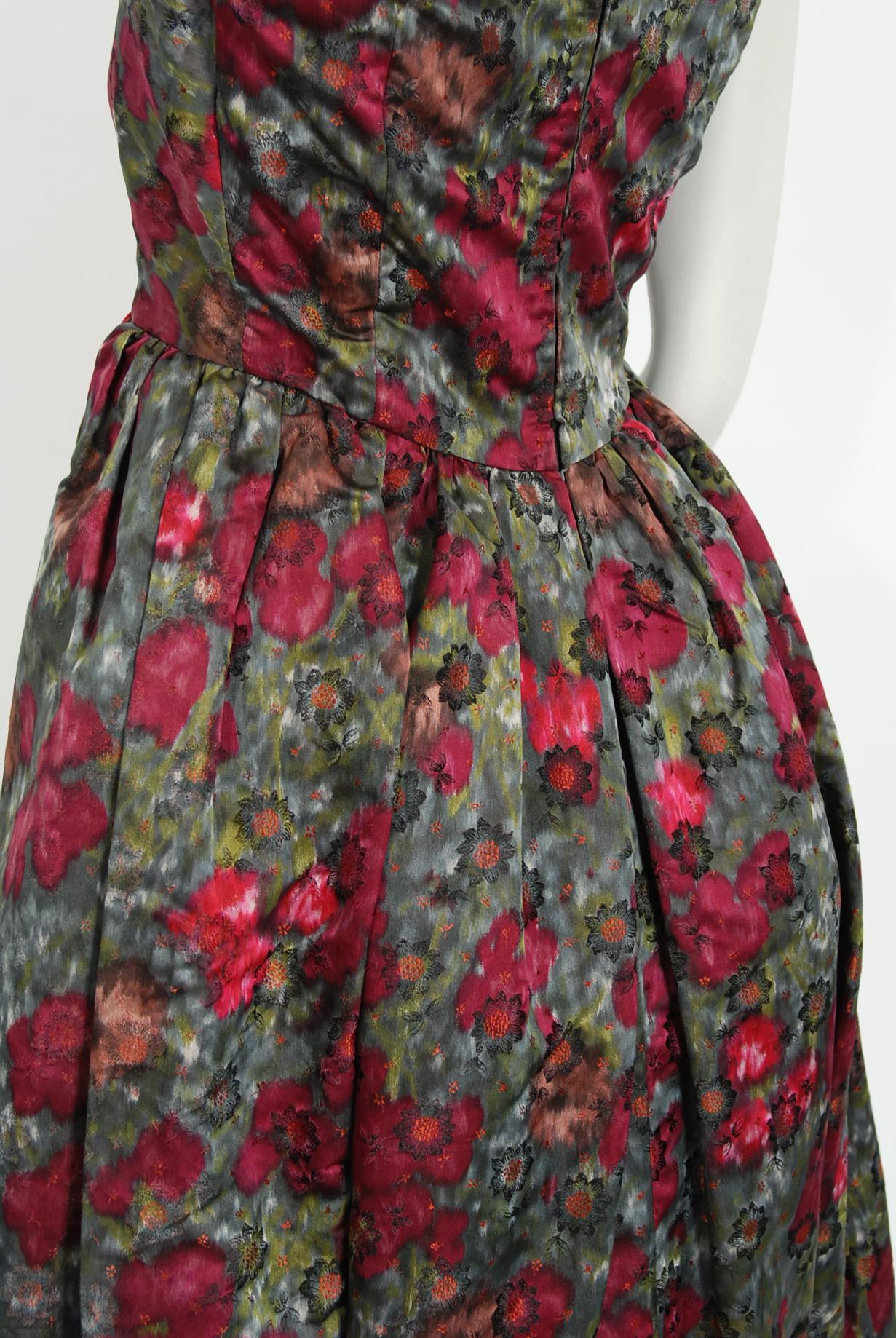 Vintage 1950s Claire Schaffel Couture Floral Print Silk Off-Shoulder Dress For Sale 4