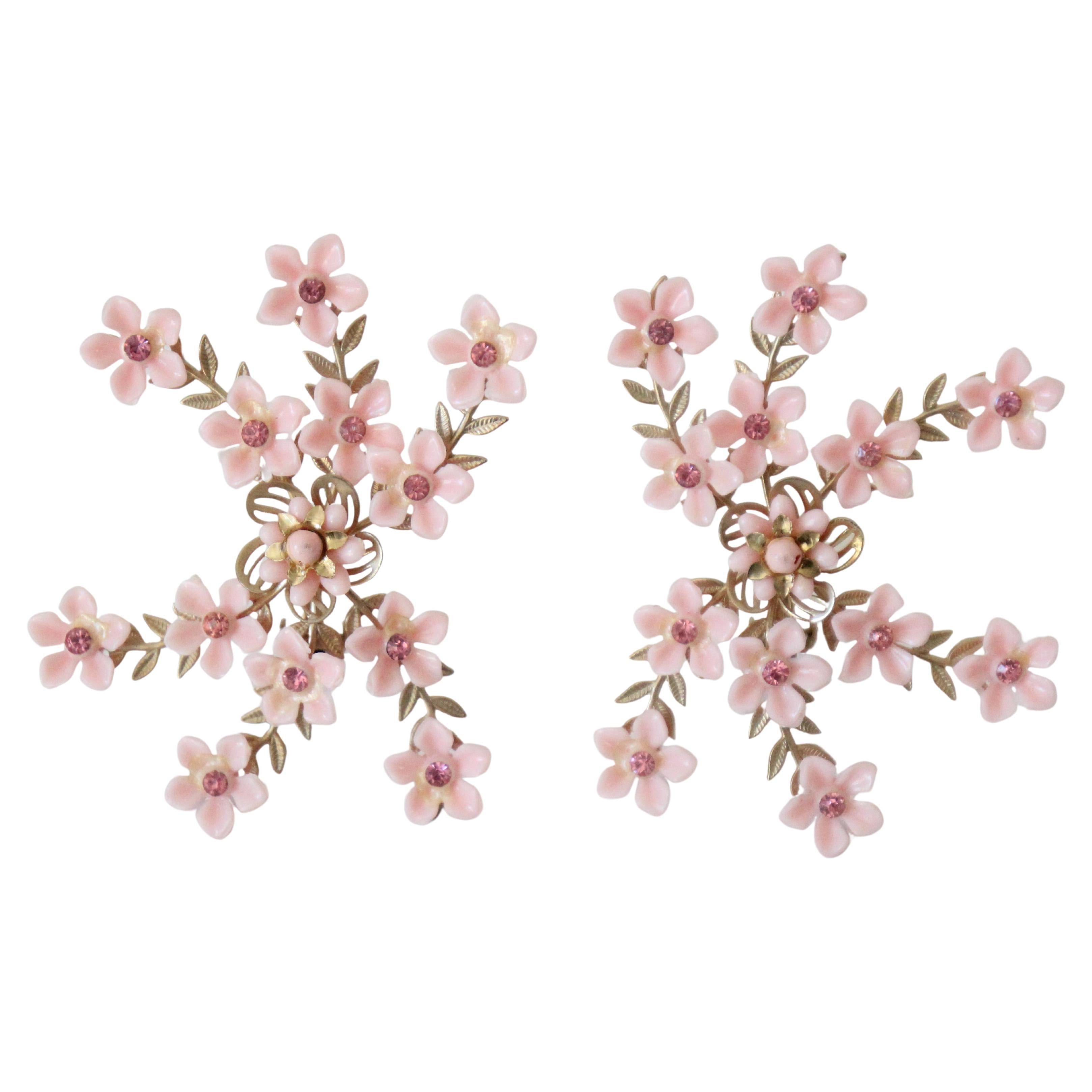 Vintage 1950
s Climber Clip on Earrings Pink Floral Rhinestone Clip on Earring For Sale