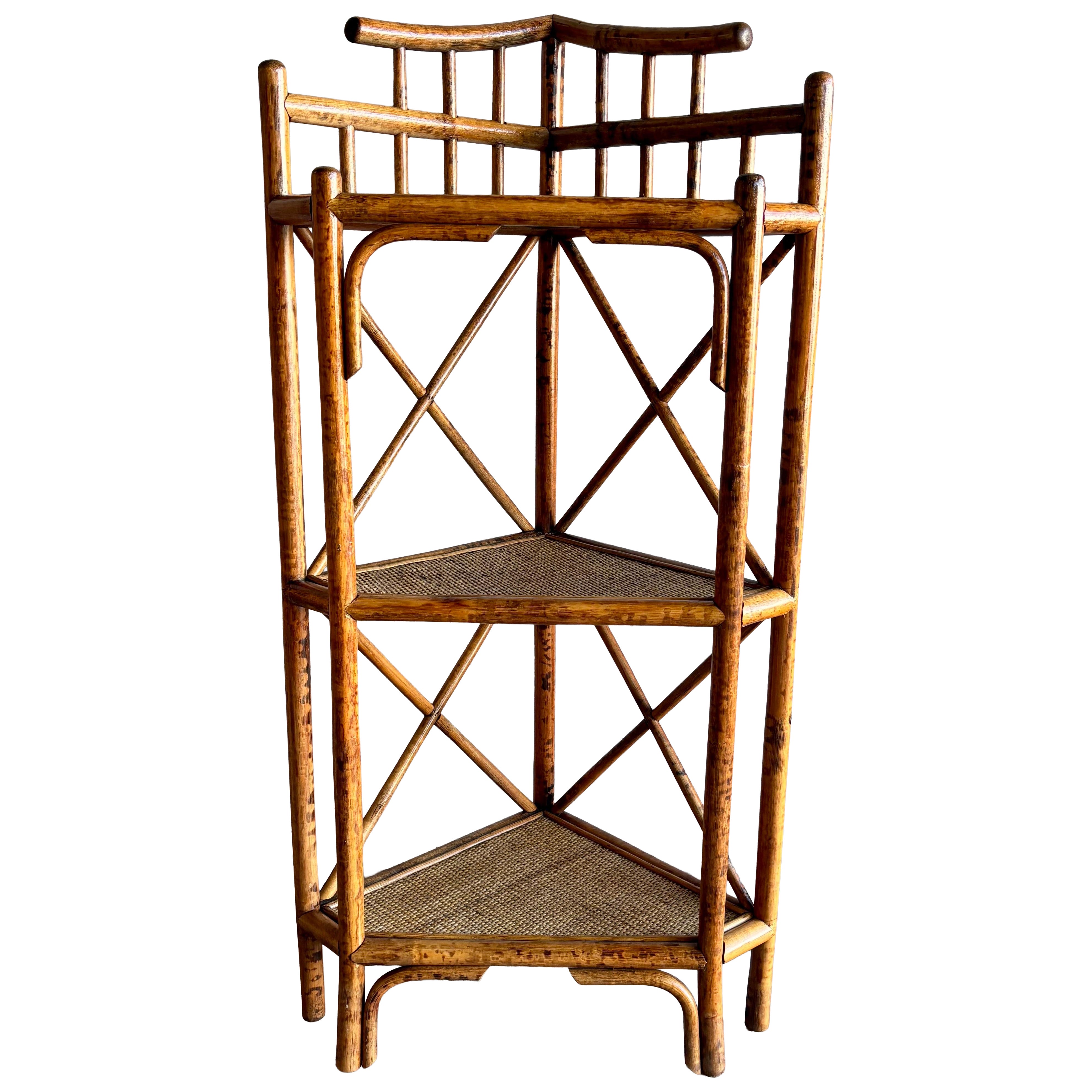 Vintage 1950s Coastal Rattan Corner Shelf, Three Tier Mid-Century