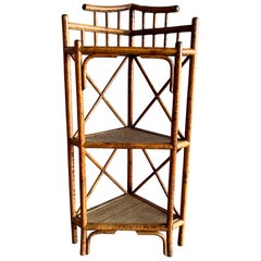 Vintage 1950s Coastal Rattan Corner Shelf, Three Tier Mid-Century