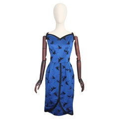 Vintage 1950's Cobalt Blue Satin Beaded Cocktail Dress Butterfly UK 6-8 US 2-4
