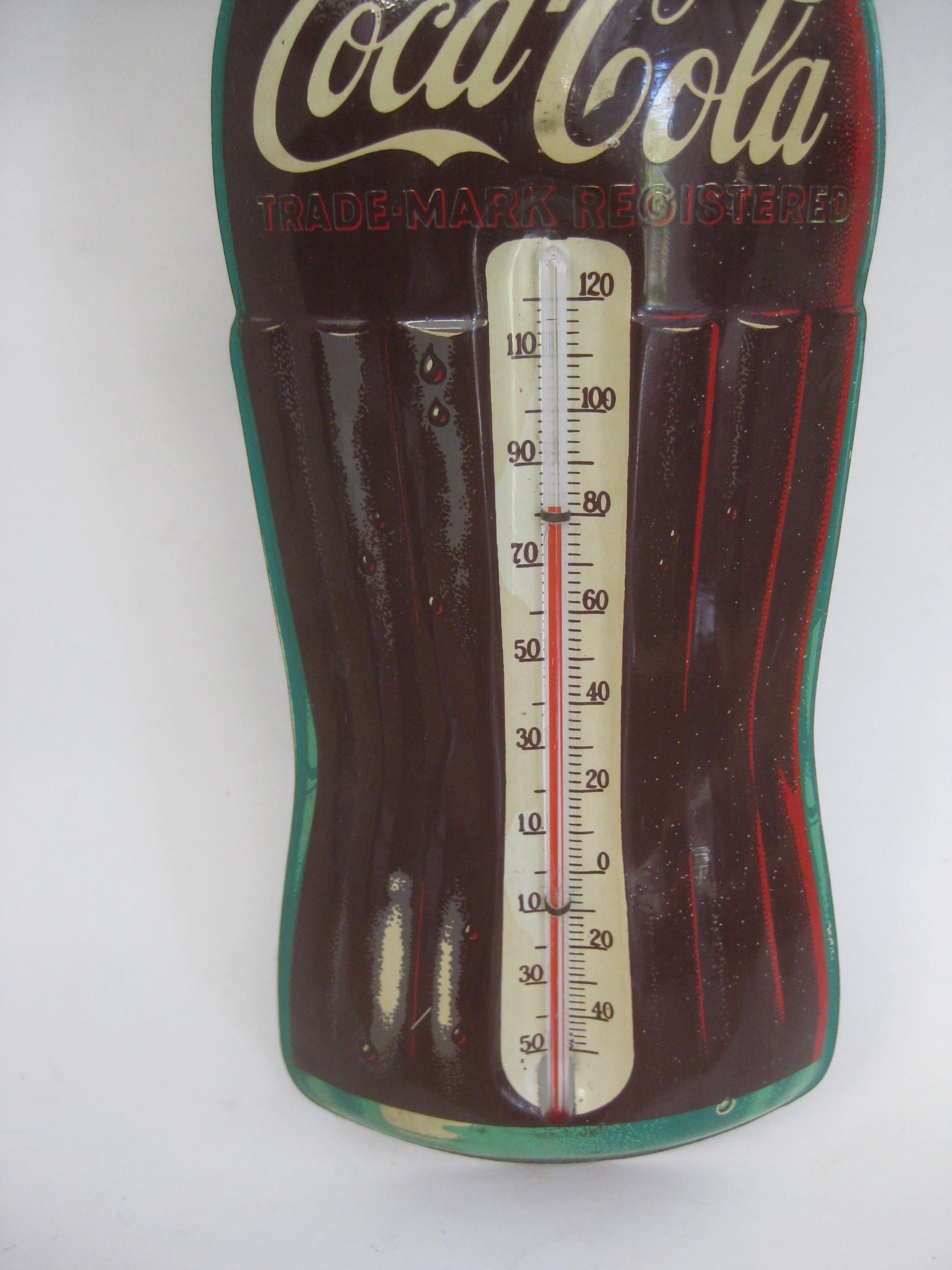 American Vintage 1950's Coca-Cola Bottle Embossed Tin Litho Advertising Sign Thermometer