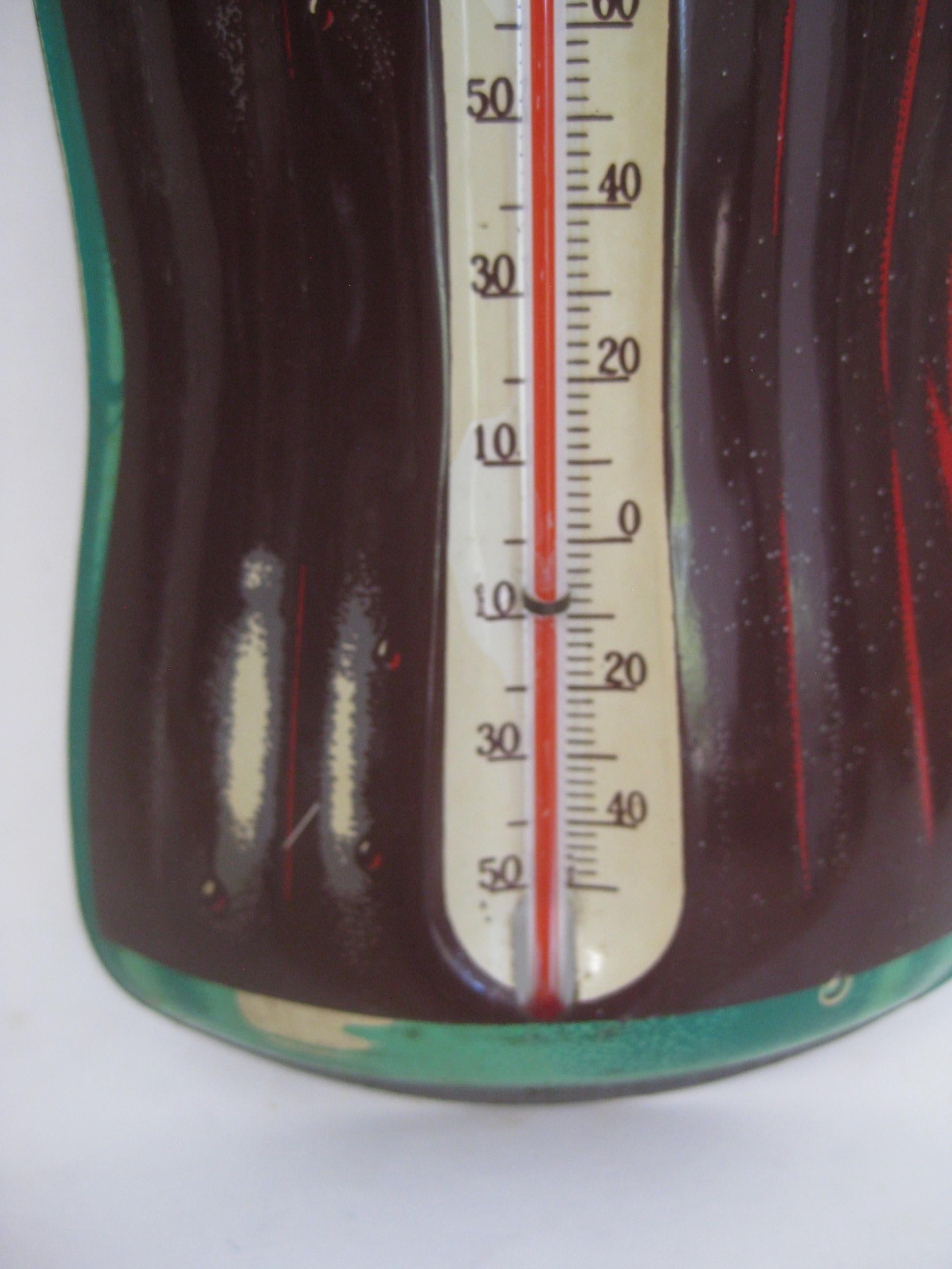 Vintage 1950's Coca-Cola Bottle Embossed Tin Litho Advertising Sign Thermometer In Good Condition In San Diego, CA