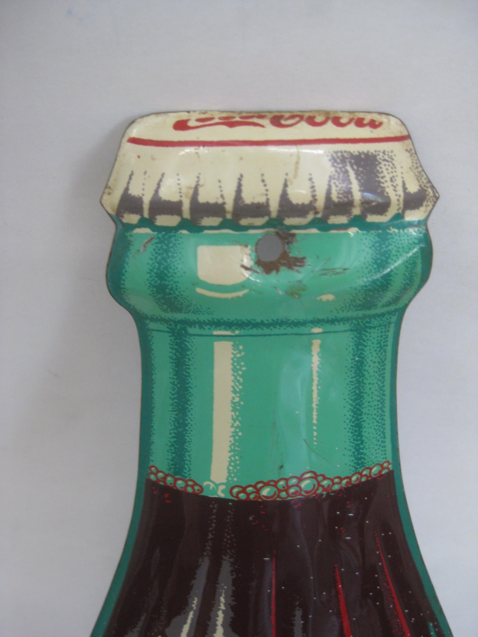 20th Century Vintage 1950's Coca-Cola Bottle Embossed Tin Litho Advertising Sign Thermometer