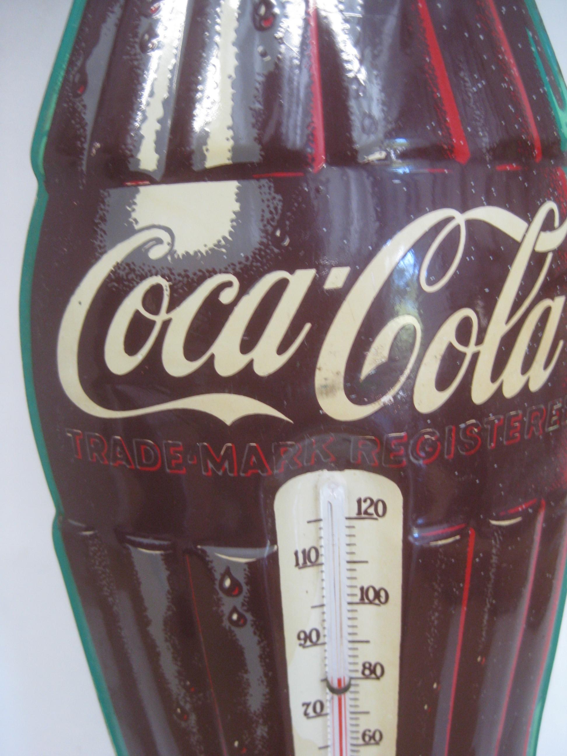 Vintage 1950's Coca-Cola Bottle Embossed Tin Litho Advertising Sign Thermometer 1