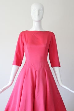 Vintage 1950's coral pink satin dress bateau neckline 1950 satin dress UK 8 US 4