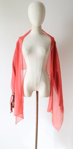 Vintage 1950's Coral Silk Chiffon Neck Scarf 1950s Scarf Silk