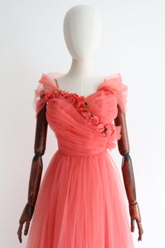 Vintage 1950's coral tulle dress 1950's layered tulle sweetheart  UK 4 US 0