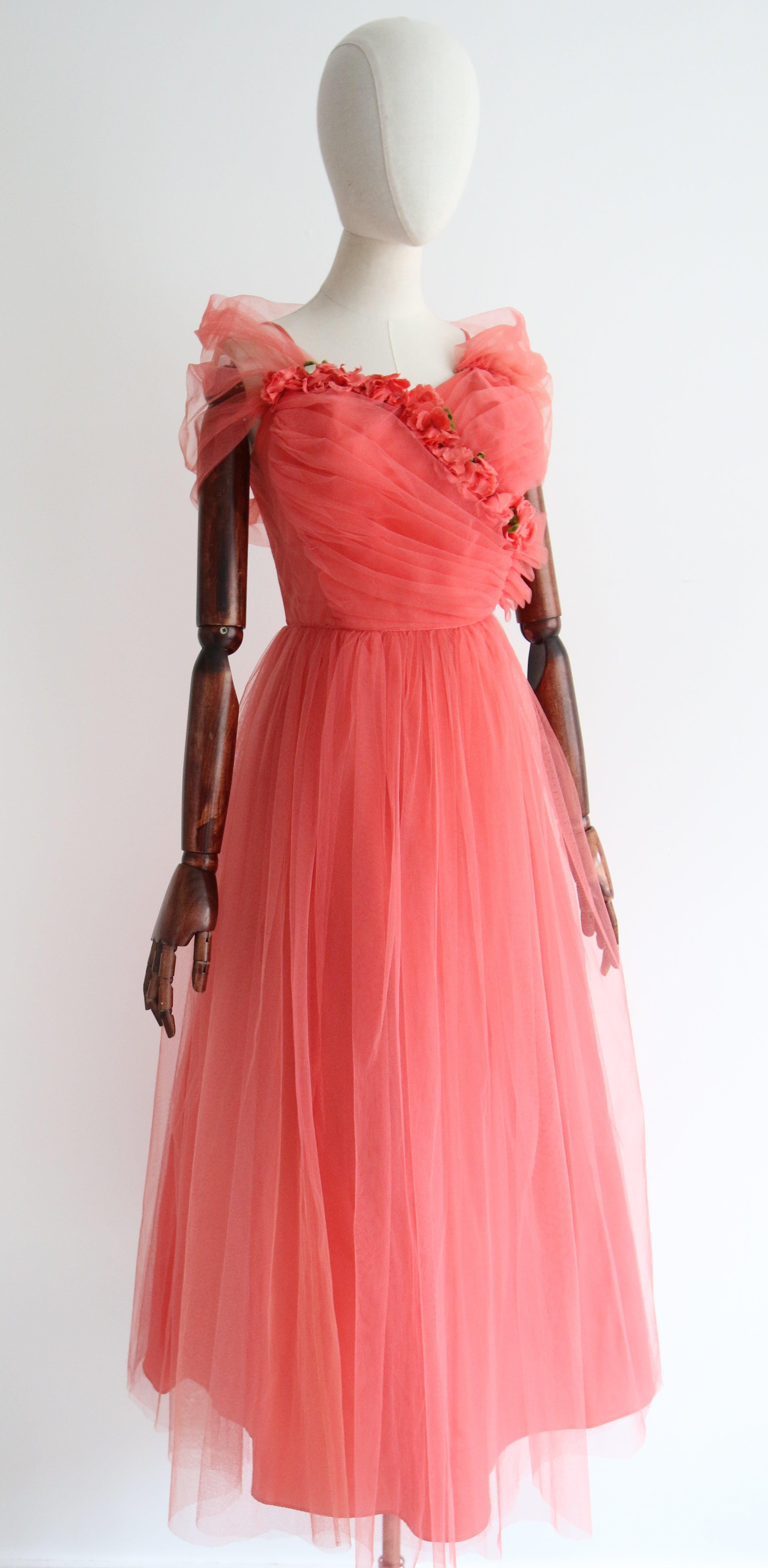 Women's Vintage 1950's coral tulle dress 1950's layered tulle sweetheart  UK 4 US 0 For Sale