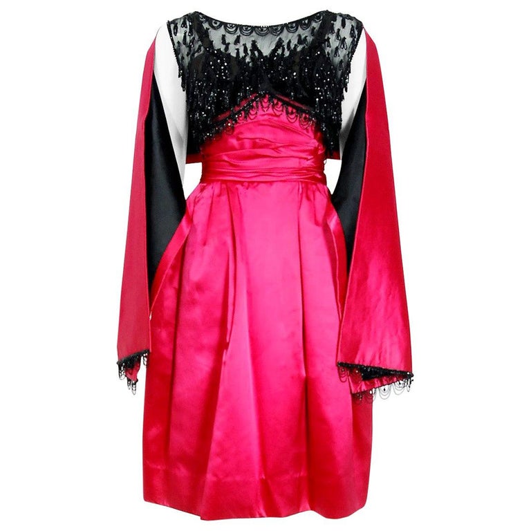 Vintage 1950s Fuchsia Pink Satin Beaded Illusion Couture Cocktail Dress w/ Shawl For Sale
