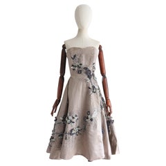 Vintage 1950's Couture strapless grey satin floral appliques dress UK 8 US 4