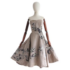 Vintage 1950's Couture strapless grey satin floral appliques dress UK 8 US 4