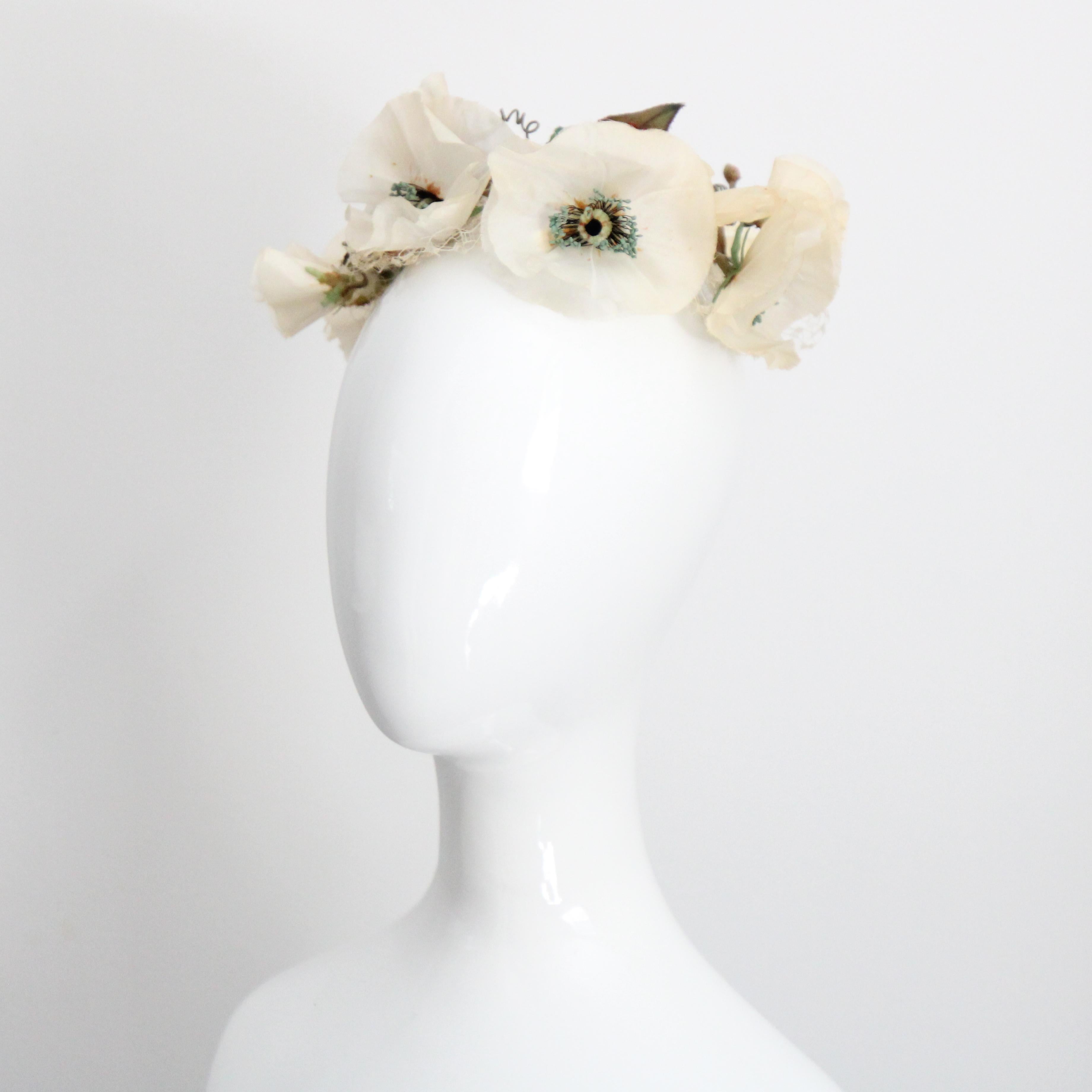Women's or Men's Vintage 1950's Cream Floral Anemone Hat Veil Birdcage Veil Hat 1950s millinery For Sale