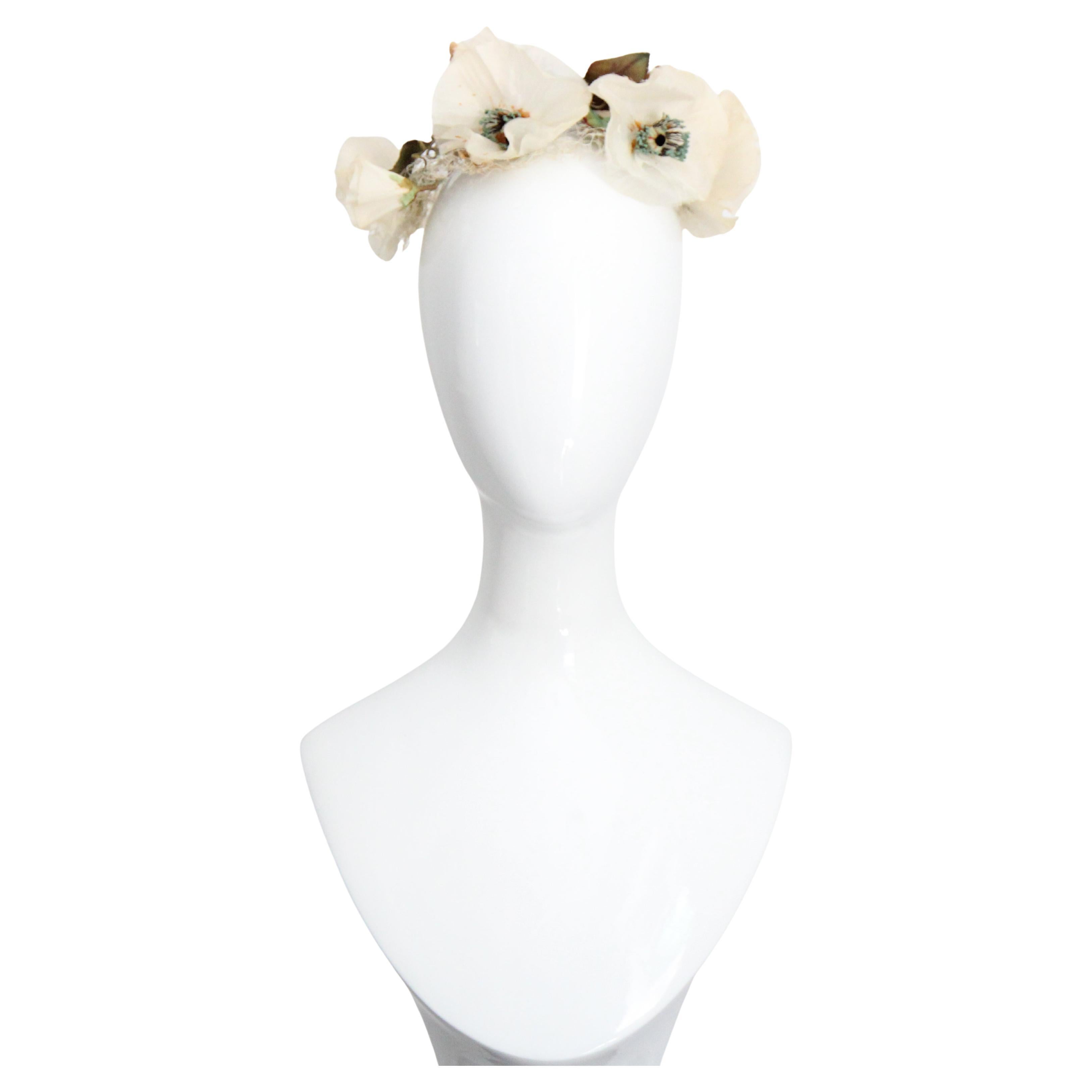 Vintage 1950's Cream Floral Anemone Hat Veil Birdcage Veil Hat 1950s millinery For Sale