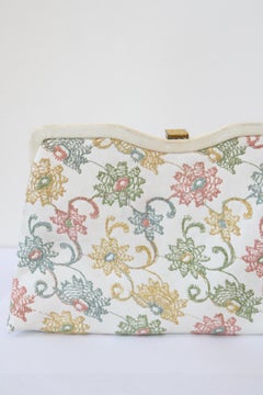 Vintage 1950's Cream Leather Floral Embroidered Clutch Bag